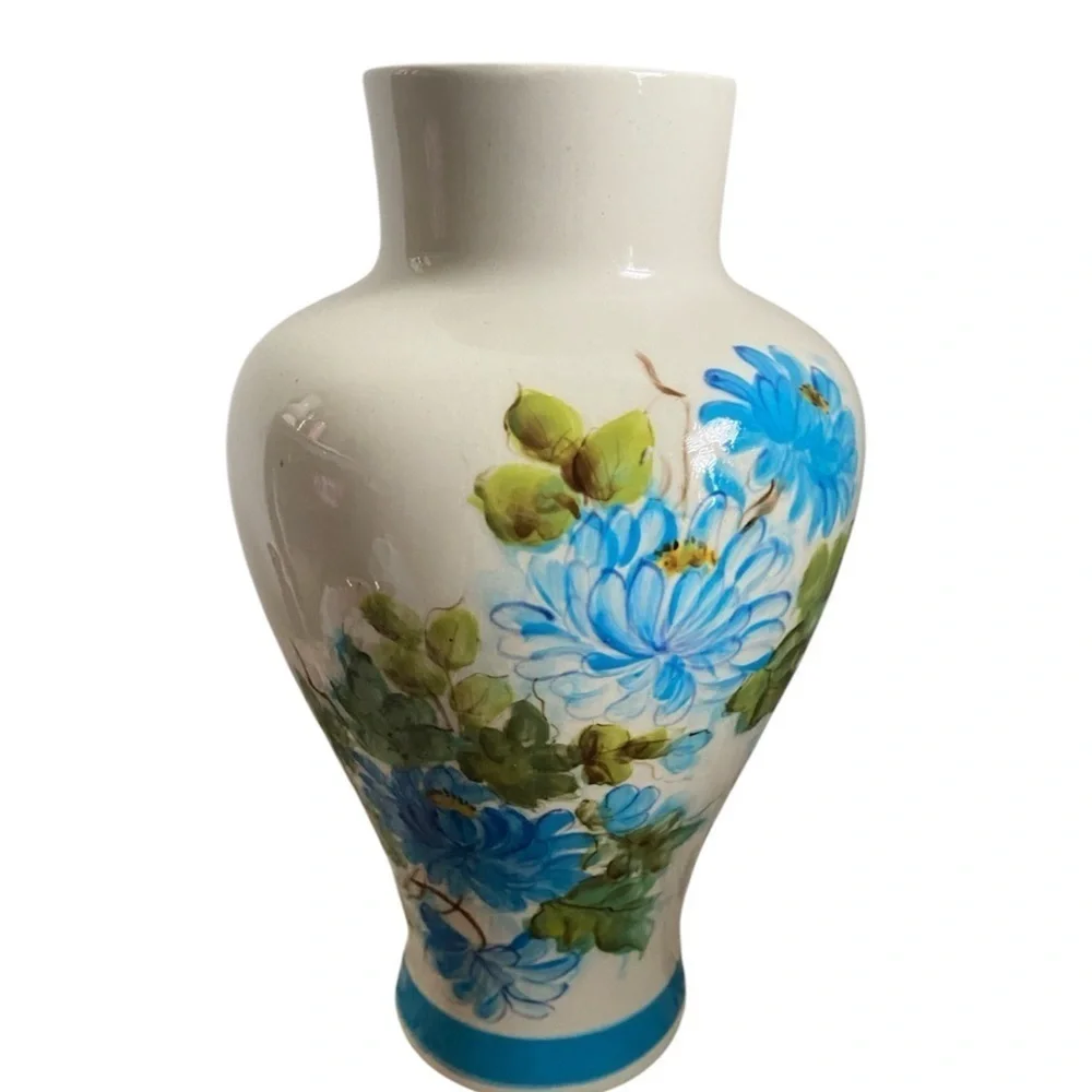 Vintage Hand Painted Floral Blossoms Ceramic Vase with Blue Accents 9.5”H